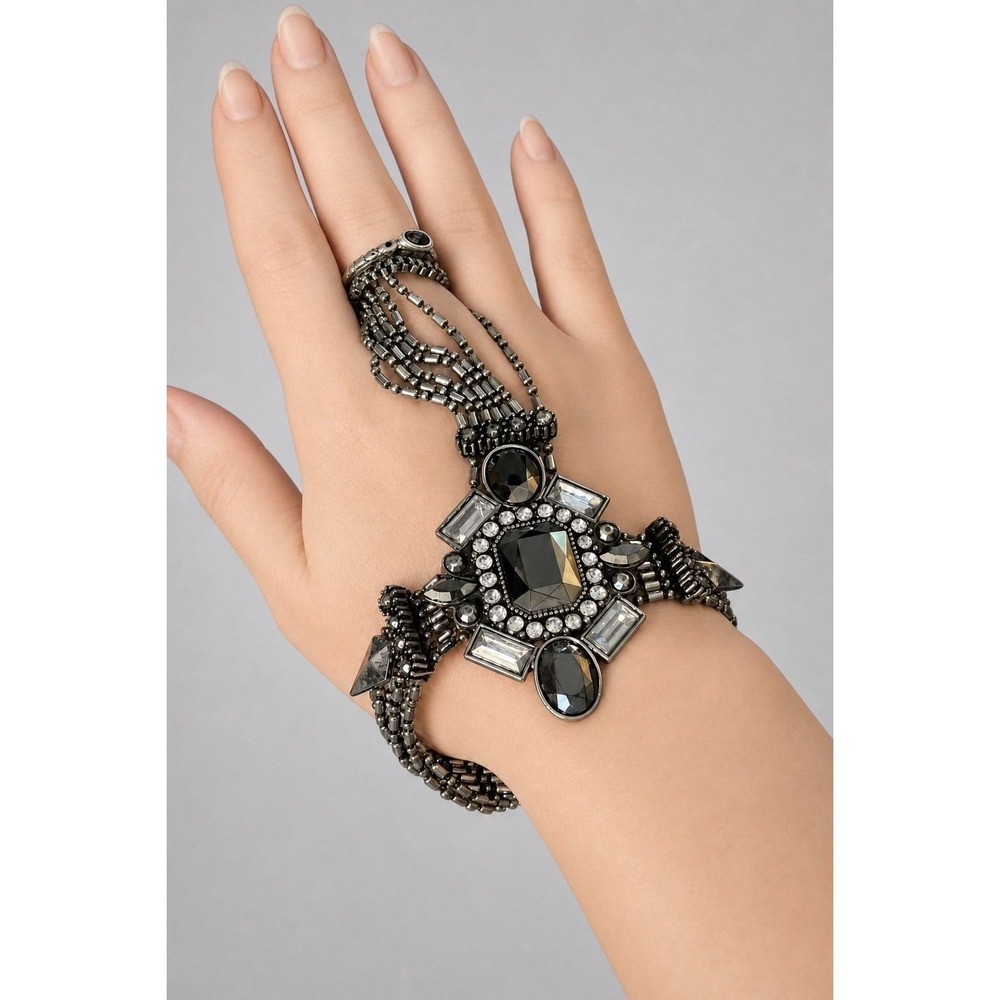 Black Gunmetal Statement Bracelet Rhinestone Beaded Fringe Art Deco Style